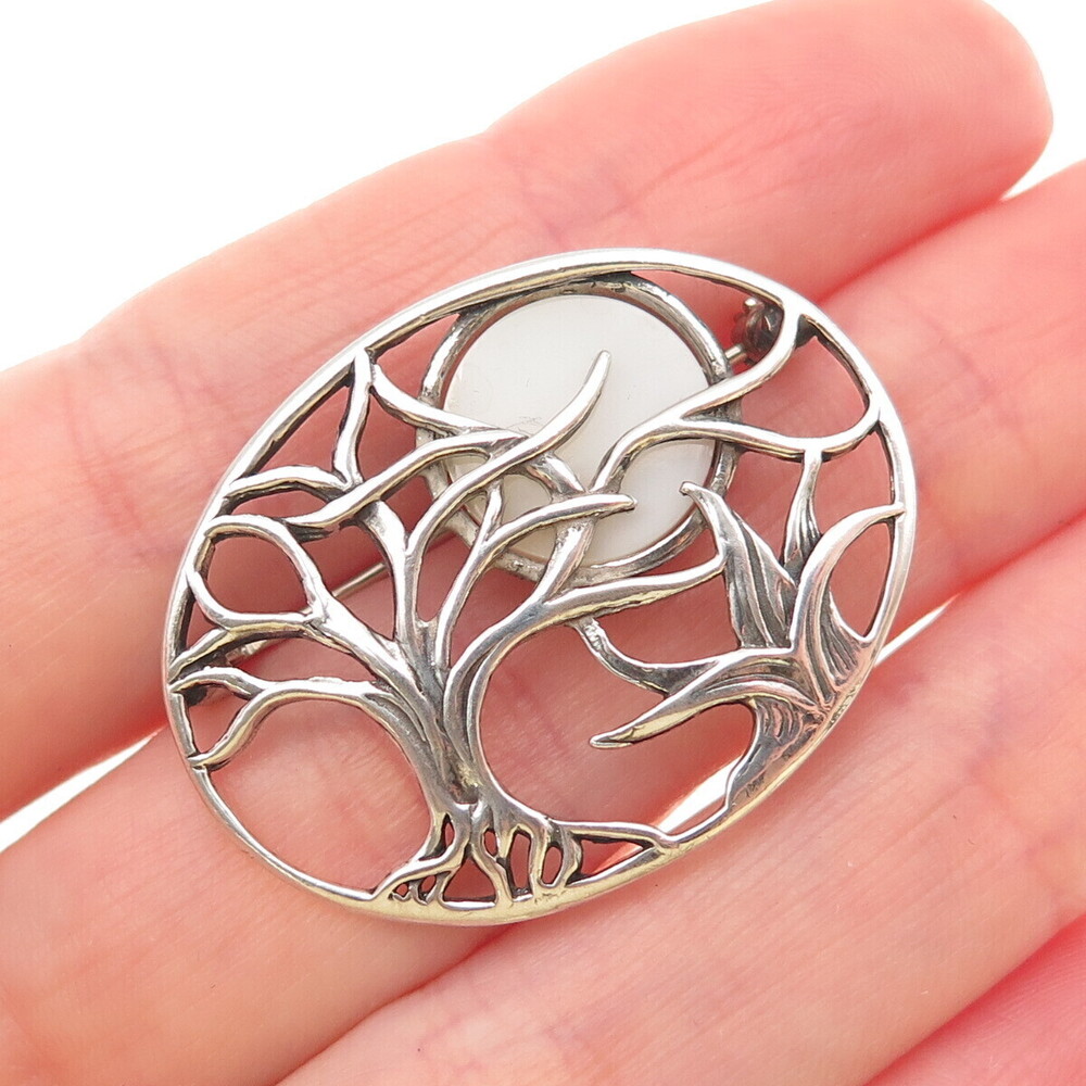 Jezlaine 925 Sterling Silver Vintage Real MOP Winter Moon Oxidized Pin Brooch